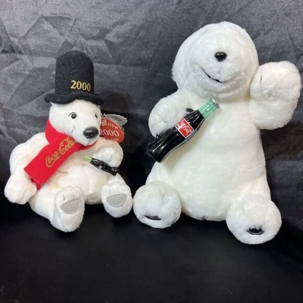 coca cola. vintage ‎ BRAND Plush Polar Bears with scarf both holding bottles